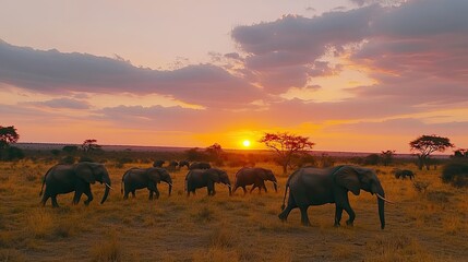 A herd of elephants walking across the savanna at sunset in Kruger National Park, with the sky painted in shades of pink and orange.