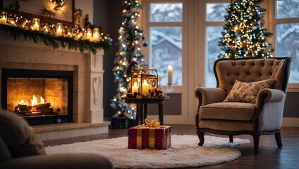 Fototapeta premium Christmas decorated interior with fireplace, armchair, window and tree