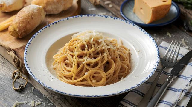 A plate of cacio e pepe, spaghetti tossed with a simple sauce of black pepper and Pecorino Romano cheese, garnished with extra grated cheese.