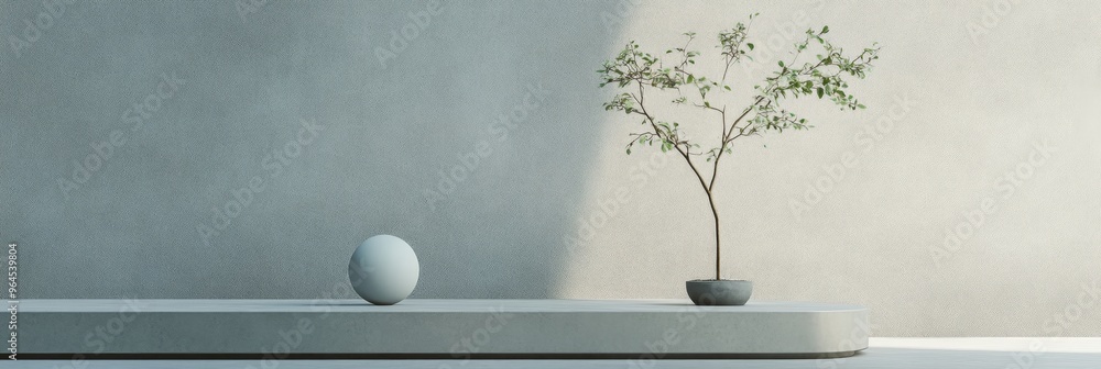 Poster this minimalist scene features a single sphere resting on a rectangular podium, set against a light-