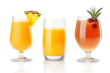 Fototapeta premium Three glasses of fruit juice, one with orange, one with pineapple, and one with cherry, representing the flavors of summer.