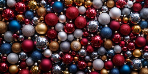 Festive colorful Christmas ornaments in red, gold, silver, and blue in a cheerful display.