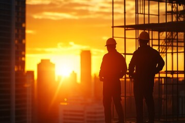 Fototapeta premium Two construction workers stand silhouetted against a vibrant sunset over a city skyline, symbolizing hard work, progress, and the beauty of urban development.