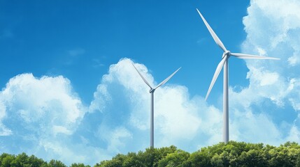 Fototapeta premium Two wind turbines stand tall in a green forest, their blades turning against a bright blue sky with fluffy white clouds. This image symbolizes clean energy, sustainable living, progress, and the beaut