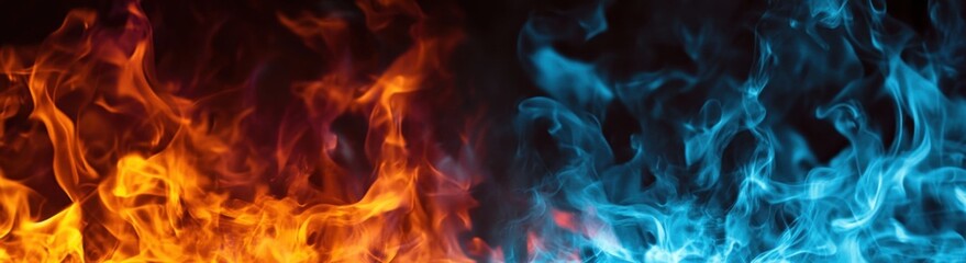 Vibrant Orange and Blue Flames Collide in Dramatic Abstract Background - Elemental Contrast of Hot and Cold Energy for Powerful Design Projects