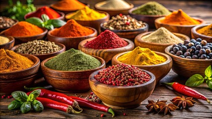 Fototapeta premium Close-up of colorful Indian spices in wooden bowls on rustic table