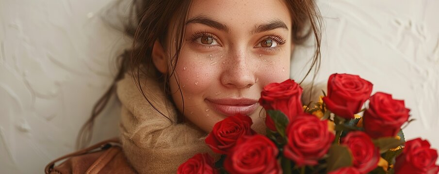 A woman with an ecstatic expression, receiving a bouquet of red roses and holding them close with tears of joy against a white backdrop. 4K hyperrealistic photo.