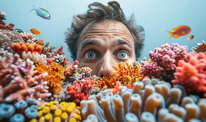 A man with an astonished expression, exploring a vibrant coral reef with diverse marine life such as tropical fish and colorful corals under crystal-clear waters against a plain white background.