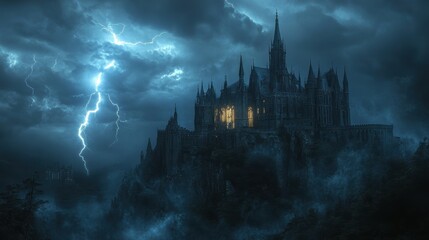 A massive Gothic castle perched on a foggy cliff, illuminated by a flash of lightning during a stormy night, creating a dark and ominous atmosphere.