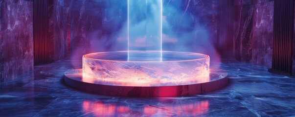 Obraz premium Futuristic glass pedestal with integrated lighting, creating a glowing effect.
