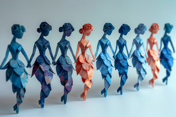 Dancing paper women figures in blue and orange, symbolizing grace, individuality, and synchronized movement in a harmonious performance