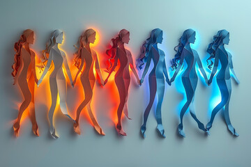 Colorful paper cutout figures of women holding hands in a circle, symbolizing unity, diversity, and the strength of community and support among women