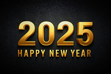 Graphic image with the numbers 2025 and the inscription HAPPY NEW YEAR in gold font on a dark background. AI, Generation, Illustration.