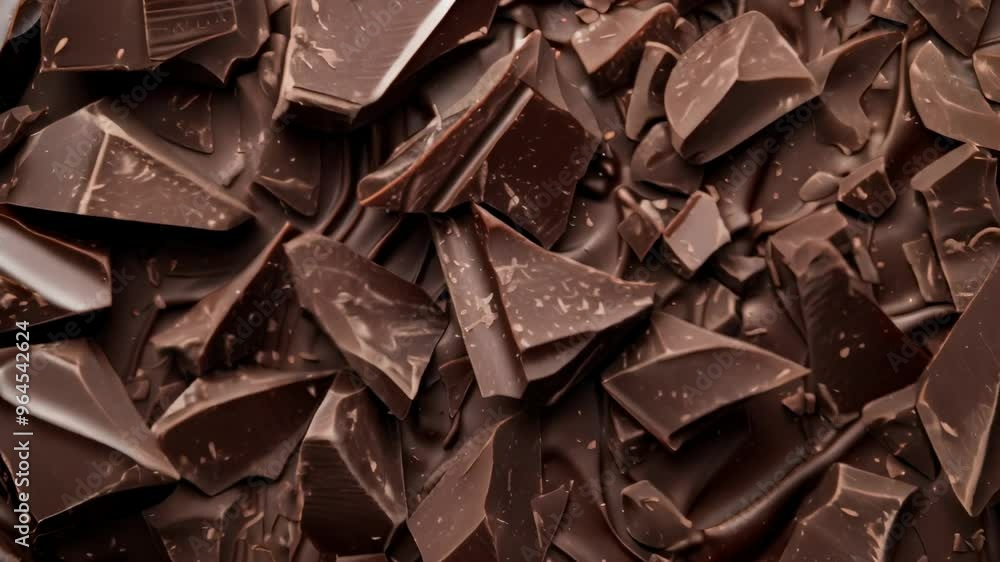 Poster close-up of broken chocolate chunks with a mix of textures and rich brown tones. a delicious represe