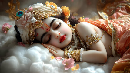 A serene depiction of a sleeping deity adorned with jewelry and flowers, resting on clouds.