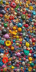 Brightly colored collection of whimsical and playful toy faces, flowers, and characters.