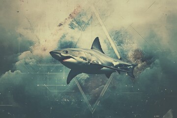 Fototapeta premium Shark in a dystopicpunk style with symmetrical balance composition, with copy space
