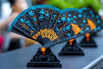 Souvenirs, traditional fans, intricate designs blend practicality with beauty, representing the local customs of cooling in style