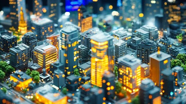 A tilt-shift view of a futuristic city at night, with glowing skyscrapers.