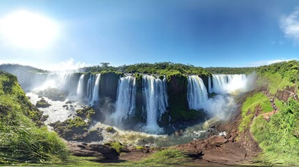 Fototapeta premium A panoramic shot of Iguazu Falls from the Argentinian side, with the waterfalls stretching across the horizon.