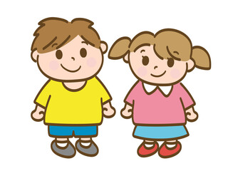 にっこり笑顔の男の子と女の子の全身イラスト（小学生低学年、幼児）