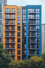 Obraz premium Modern apartment building with vibrant orange and blue facade in urban setting.