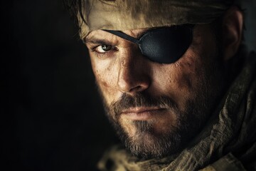 Fototapeta premium Soldier with an eye patch, war photography style, with copy space
