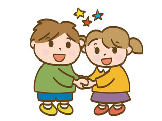 手をつなぐ仲良しの男の子と女の子の全身イラスト（小学生低学年、幼児）