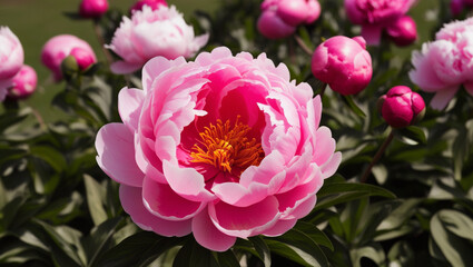 Pink peonies blooming in the garden.