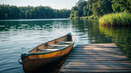 Obraz premium A canoe sits docked by a wooden pier on a calm forest lake, surrounded by lush greenery and reflecting the tranquility of nature..