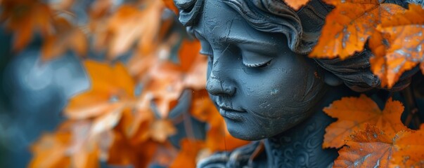 Autumn leaves on a garden statue