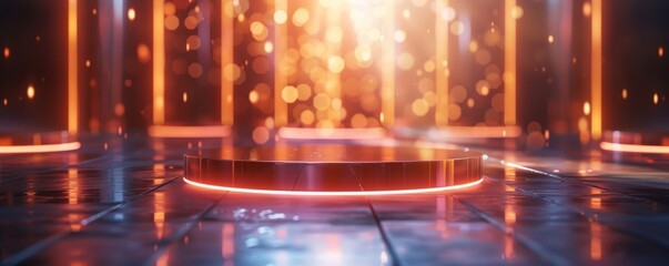 Obraz premium Transparent podium with a floating effect, highlighted by bright, focused lights.