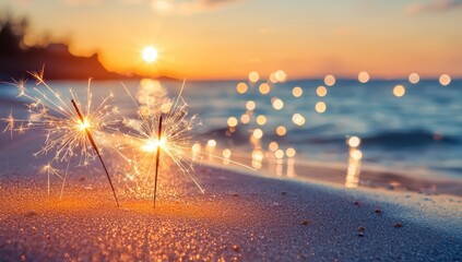 sparklers on the beach at sunset with bokeh lights