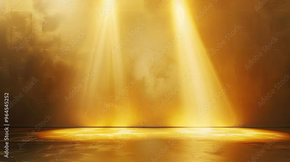 Poster a serene stage illuminated by two golden beams of light, creating a dramatic and inviting atmosphere