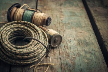Vintage fishing gear on a wooden dock,  still life photography, with copy space