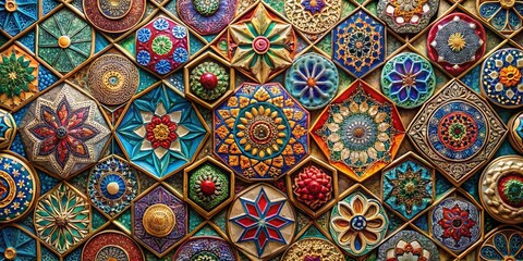 Colorful and intricate geometric patterns with ceramic textures and jewel tones