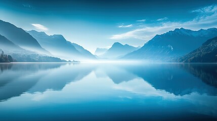 Serene Mountain Lake with Misty Peaks and Reflections