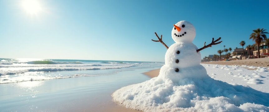 Cheerful Snowman Enjoying Sunny Beach Vacation Against Tropical Paradise