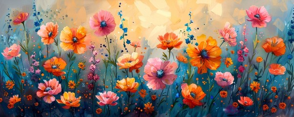 A painting of a field of flowers with a blue sky in the background. The flowers are in various colors, including pink, orange, and yellow. The painting has a bright and cheerful mood