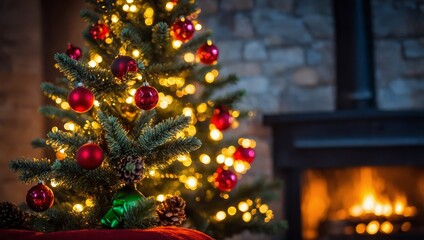 Christmas tree on burning fireplace background