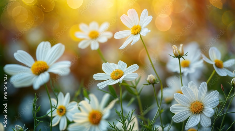 Poster white daisies illuminated by soft sunlight at dawn, creating a peaceful and vibrant scene with a bok