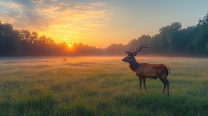 Obraz premium Misty morning in a serene meadow, dew-kissed grass glistening in the dawn light