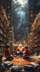 Fototapeta premium Children with Santa in a magical library decorated for Christmas.