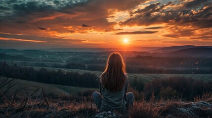 A woman sits in meditation, watching the sunset over rolling hills, embracing a moment of peace and reflection in nature..