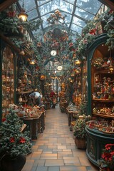Obraz premium Festive shop interior with holiday decorations and Christmas ornaments in a charming setting.