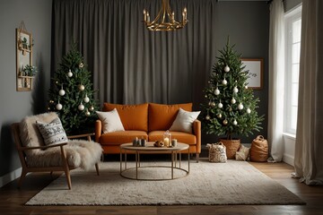 Stylish living room interior with little fir trees and Christmas decorations