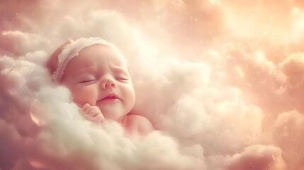 Sorrowful Celestial Infant Crying on Cloud in Soft Pastel Ethereal Artwork