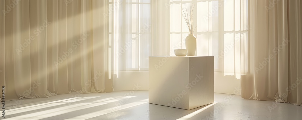 Poster minimalist white pedestal, creating a clean display in a bright environment.