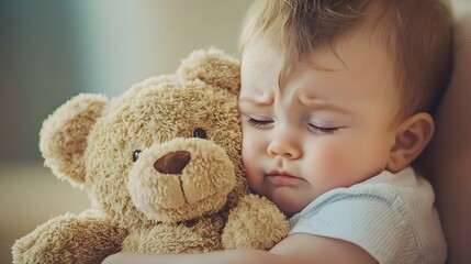 Tender Moment of Comforting a Crying Baby with Teddy Bear