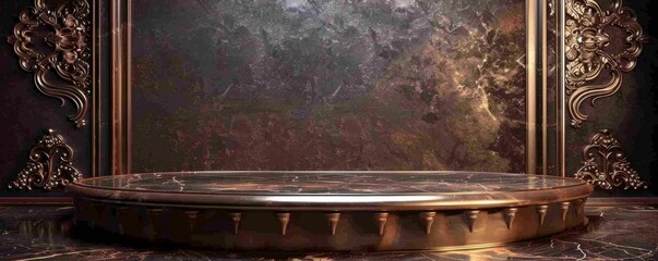 Bronze podium with intricate designs, set against a rich, velvet backdrop.